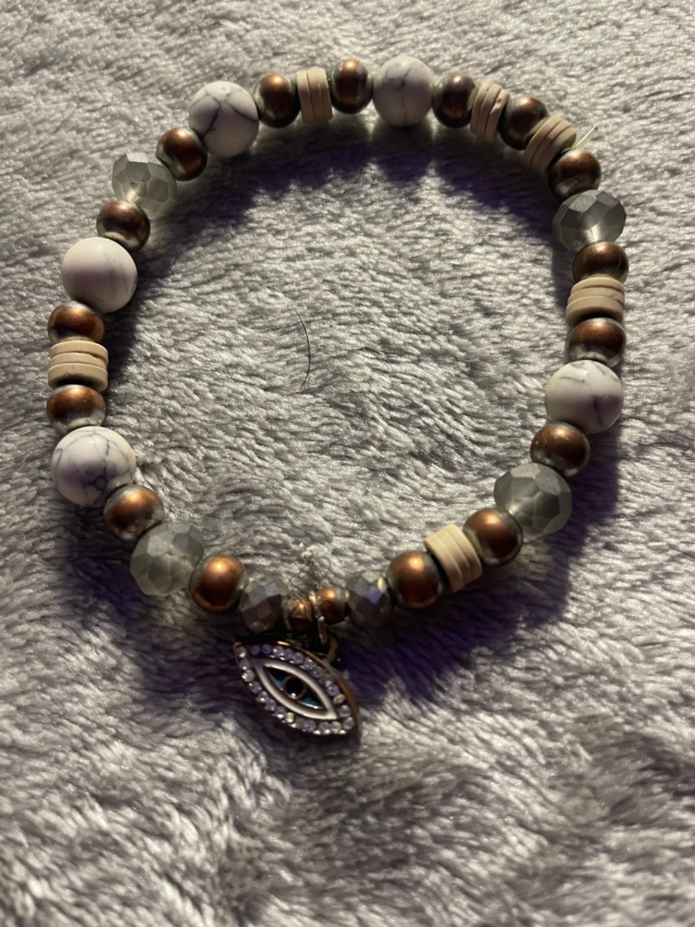 White Howlite and Bronze Bead Bracelet with Eye Charm